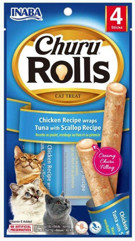Image of Inaba Churu Rolls Cat Treat Chicken Recipe wraps Tuna with Scallop Recipe